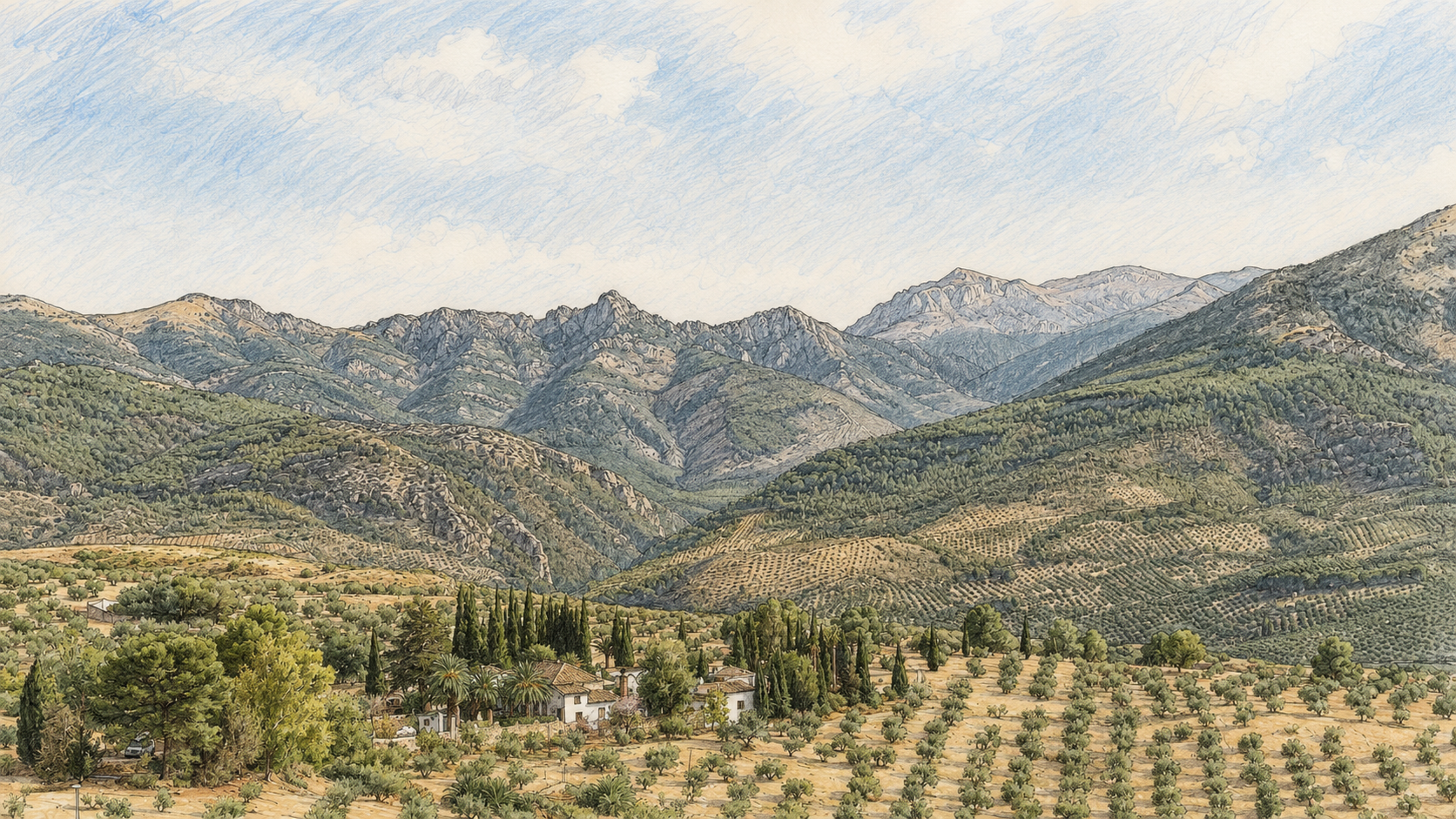 Ilustración del paisaje de Sierra Mágina, Jaén: olivares de montaña